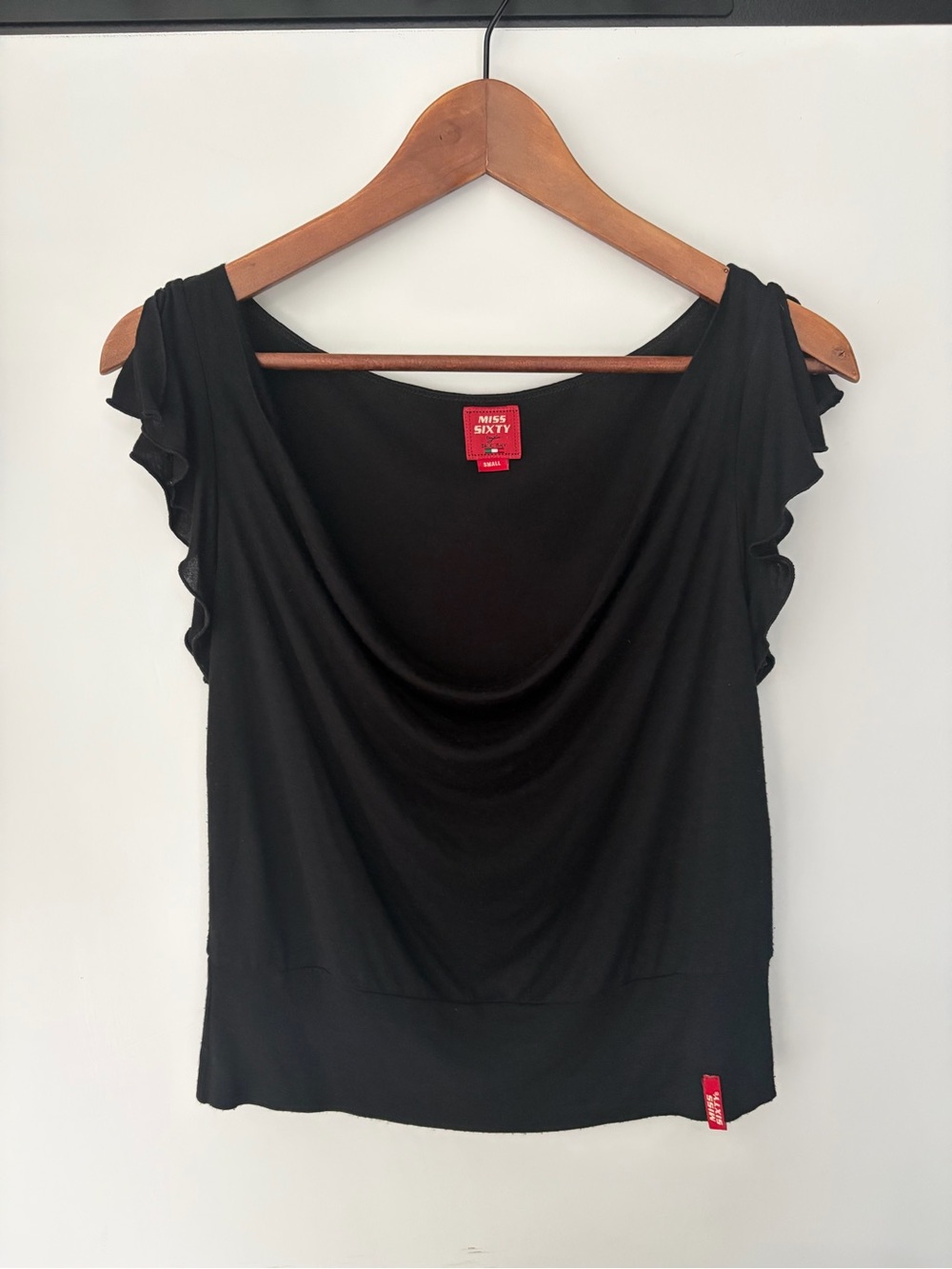 Miss Sixty Black Draped Cowl Neck Flutter Sleeve Top